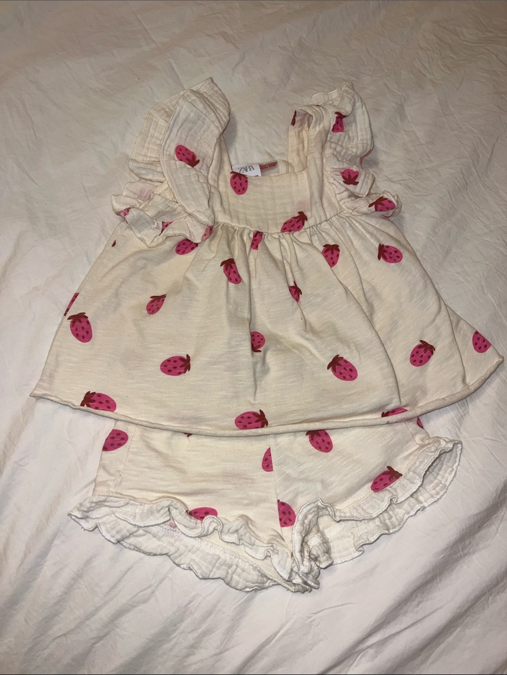 Cream Strawberry Print Ruffle Tank & Shorts Set